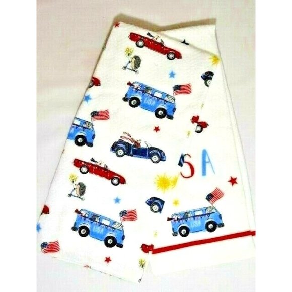 Envogue Patriotic Vintage Cars Hedgehog on Scooter 2 Kitchen Towels USA Flag - Picture 3 of 4